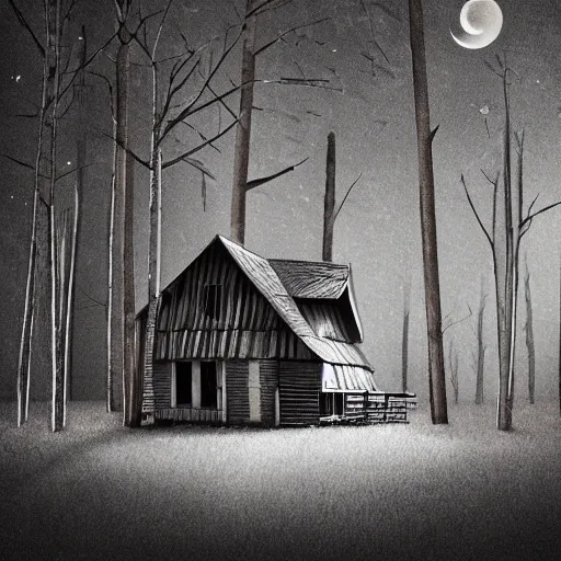 Prompt: an old wooden house standing on giant chicken legs in a dark forest of dead trees. night. moonlight. mystery. thrill. photorealistic. hyper detailed