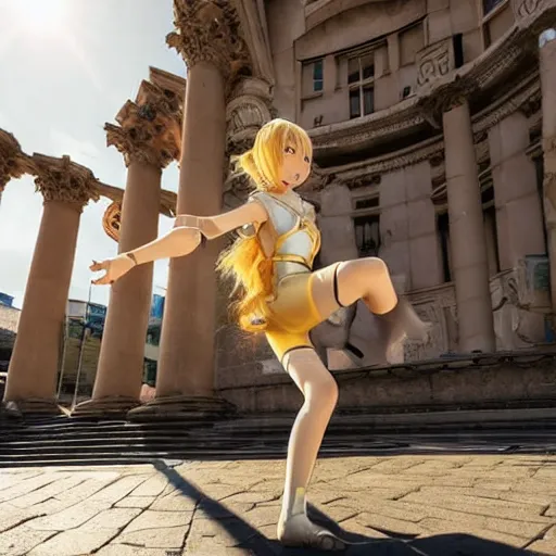 Image similar to blonde - haired princess, anime princess, wearing skinsuit, action pose, parkour, plaza, greco - roman pillars, golden hour, partly cloudy sky, sepia sun, strong lighting, strong shadows, vivid hues, ultra - realistic, sharp details, subsurface scattering, intricate details, hd anime, 2 0 1 9 anime