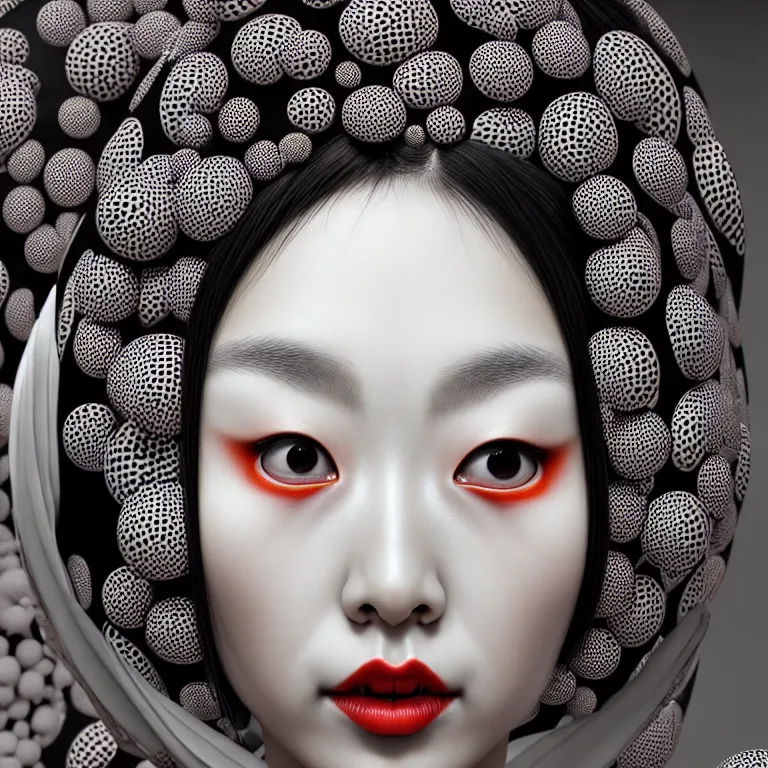 Image similar to hyperrealistic detailed image of a geisha in a art installation room, hd smooth interior by yayoi kusama, part by kei mieno, part by ross tran, dark art by james jean, ultra realistic, highly detailed, life like face, detailed body, 8 k, 3 d render by roger magrini, very cohesive, masterpiece