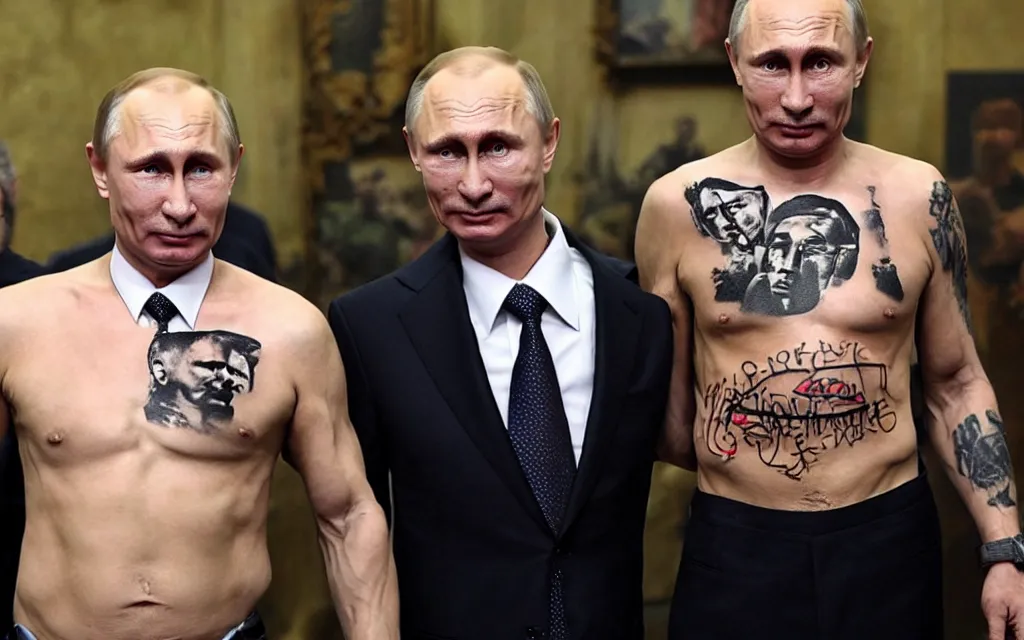 Prompt: famous photo of vladimir putin with torso covered with criminal tattoo photo dy journalists