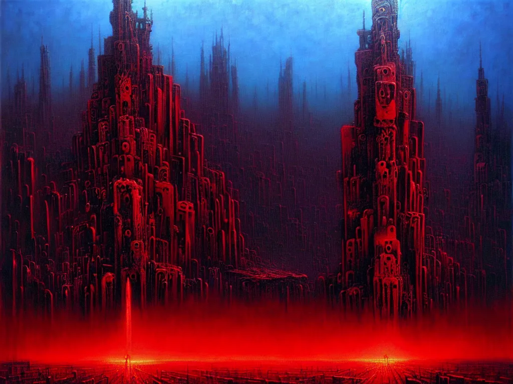 Prompt: an epic cityscape painting of a nightmarish hellscape full of cosmic horrors, by zdzisław beksinski and greg rutkowski, wall street, horror, surreal, cyberpunk, dark, vivid, red, blue, oil on canvas, neon lights, epic, organic