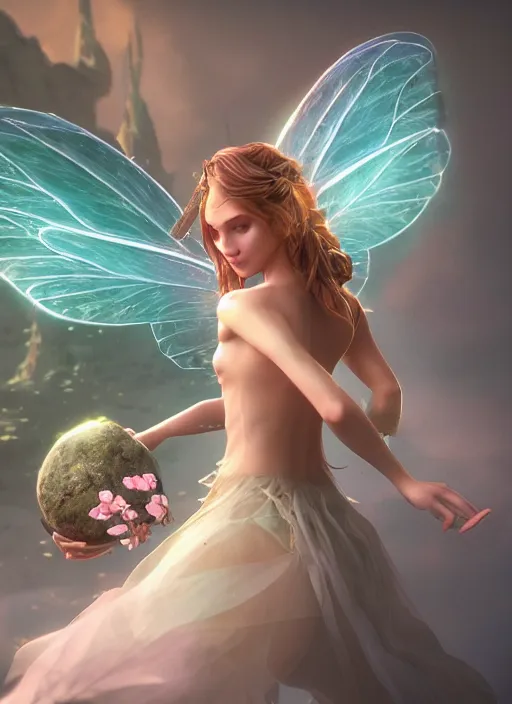 Image similar to beautiful beautiful full body portrait fairy faerie fey fae queen soft highly detailed CGsociety subtle enchanting alluring magical concept art volumetric lighting unreal engine octane render 4k