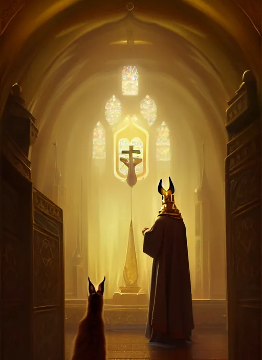 Image similar to surrealistic portrait of anthropomorphic caracal in golden priest clothes wearing vr in orthodox church, bokeh, foggy, dynamic lighting, darkness, ambients, dramatic, foggy, heavy bokeh and blur, cinematic, depth of field, art by bussiere rutkowski andreas rocha