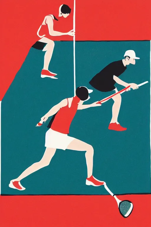 Prompt: an illustration of a tennis match by Marcel Dzama, Oliver Jeffers, and Edward Hopper. Screen Printed. Paper texture