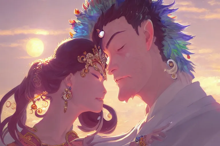 Image similar to close up moment of a divine a sun god and a moon goddess lovers magician at a wedding banquet, highly detailed, d & d, fantasy, 4 k realistic, digital painting, trending on artstation, concept art, sharp focus, illustration, art by makoto shinkai and akihiko yoshida and daniel gerhartz