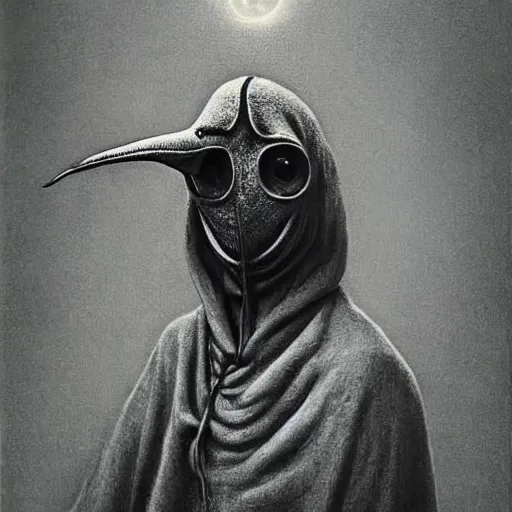 Prompt: plague doctor in his larval form. extremely lush lifelike detail. award - winning digital art by beksinski, ansel adams, alan lowmax, steichen. surreal scientific photoillustration.