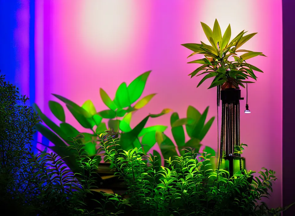 Prompt: telephoto 7 0 mm f / 2. 8 iso 2 0 0 photograph depicting a single iridescent jungle plant in a cosy cluttered french sci - fi ( art nouveau ) cyberpunk apartment in a pastel dreamstate art cinema style. ( aquarium, computer screens, window ( city ), leds, lamp, ( ( ( aquarium bed ) ) ) ), ambient light.