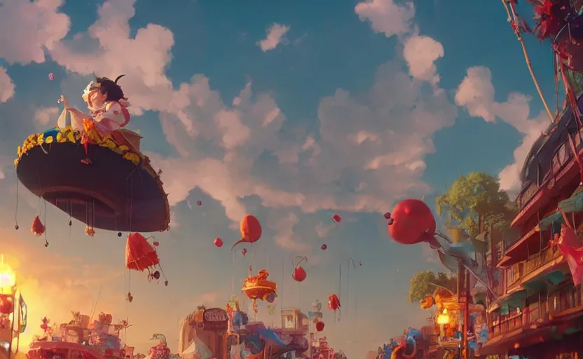 Prompt: a film still floats carnival, medium shot, waist up, studio ghibli, pixar and disney animation, sharp, rendered in unreal engine 5, anime key art by greg rutkowski, bloom, dramatic lighting