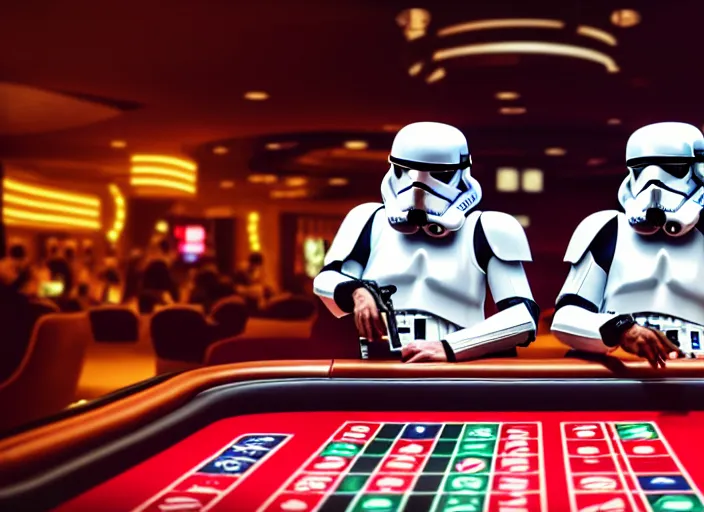 Image similar to a photo of two stormtroopers playing roulette in las vegas casino, ultra wide shot, 2 4 mm, bokeh, blurred background, colorful lights, golden ratio, sci fi, fantasy, cyberpunk, intricate, decadent, highly detailed, digital painting, octane render, artstation, concept art, smooth, sharp focus, illustration, art by loish, wlop