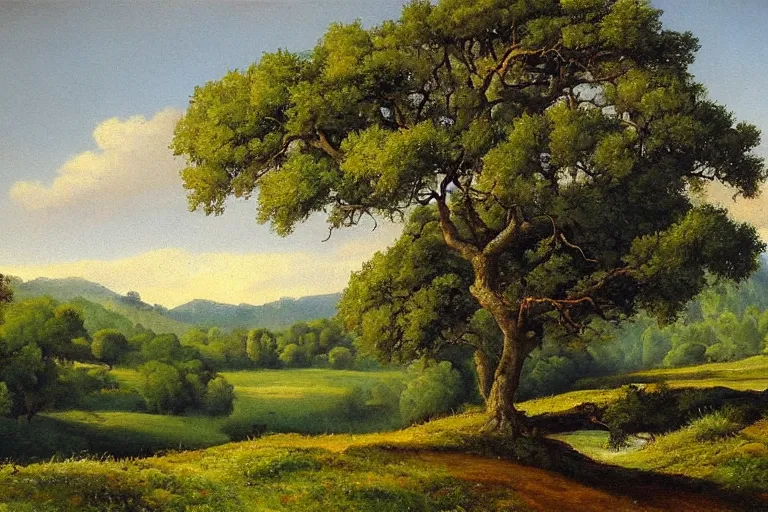 Prompt: masterpiece painting of oak trees on a hillside overlooking a creek, by jan schmuckal