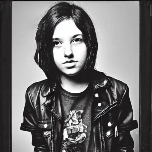 Image similar to 19-year-old girl, thick black shaggy hair, wearing leather jacket and denim jeans, holding electric guitar, stoner rock, super 8mm, 1973