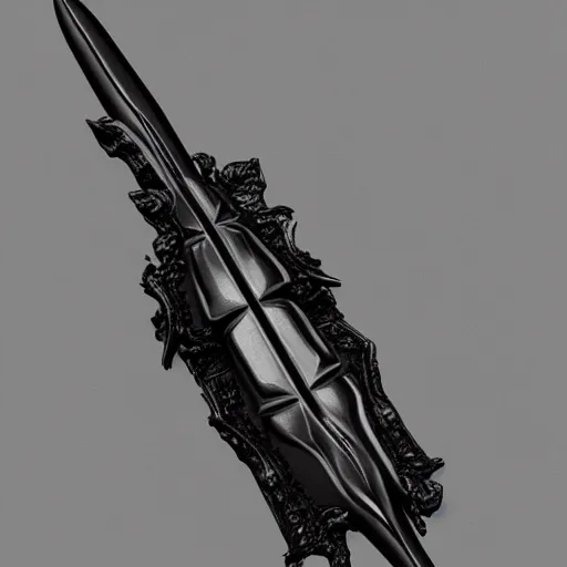 Image similar to a black sword skull handle, ornament, weapon, a 3 d render by dom qwek, studio lighting, front side view, trending on polycount, hard surface modeling, rendered in maya, 3 ds max, blender, artstation hd, vray