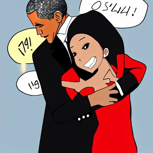 Image similar to a digital drawing of Barack Obama hugging his anime waifu, trending on Pixiv, set on afternoon