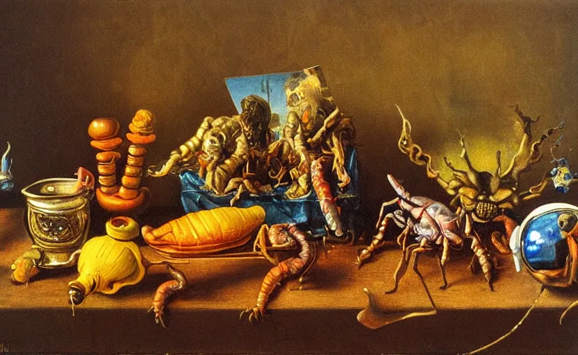 Image similar to disturbing colorful oil painting dutch golden age vanitas still life with bizarre objects strange gooey surfaces shiny metal bizarre insects rubber rachel ruysch dali todd schorr very detailed perfect composition rule of thirds masterpiece canon 5 0 mm, cinematic lighting, photography, chiaroscuro, film, kodachrome