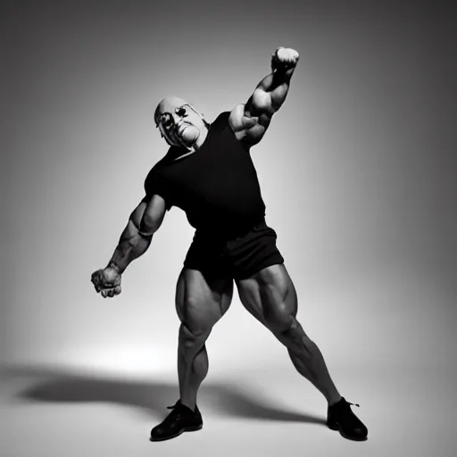 Image similar to a photoshoot of an extremely buff danny devito flexing his muscles, dramatic, studio lighting, black and white