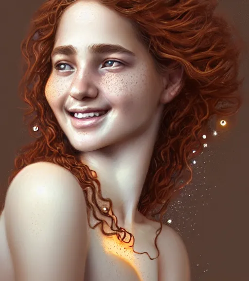 Prompt: portrait of teenage aphrodite, light freckles, curly copper colored hair, smiling kindly, wearing an embroidered white linen dress, intricate, elegant, mother of pearl jewelry, glowing lights, highly detailed, digital painting, artstation, concept art, smooth, sharp focus, illustration, art by wlop, artgerm, and greg rutkowski