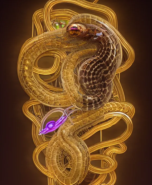 Prompt: intricate opulent transparent clear see - through portrait of handsome masculine snake, fractal, neon lights, circuitry, industrial environment, ultra realistic, concept art, art nouveau, photorealistic, octane render, 8 k, unreal engine. art by nori inoguchi and sam kaplan and zachary goulko and christopher marley and artgerm and alphonse mucha