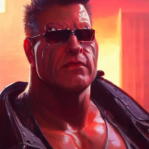 Image similar to a closeup portrait of duke nukem, dramatic light, city background, sunset, high contrast, sharp, painted by stanley lau, painted by greg rutkowski, painted by stanley artgerm, masterpiece, digital art, trending on artstation