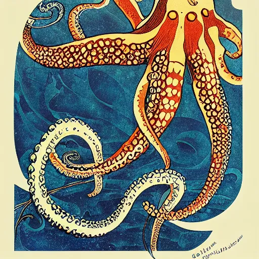 Image similar to ivan bilibin and edmund dulac and ilya kuvshinov inspired print of octopus