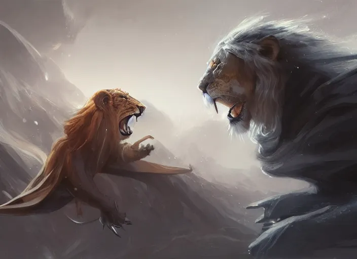 Prompt: a wizard shooting lightnings against one lion, white background, elegant, digital painting, concept art, smooth, sharp focus, illustration, from StarCraft by Ruan Jia and Mandy Jurgens and Artgerm and William-Adolphe Bouguerea