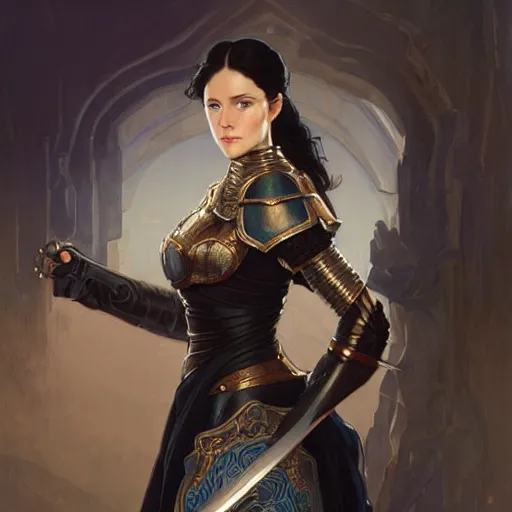 Image similar to portrait, woman dressed in plate armor with black hair and blue eyes wielding a greatsword, elegant, digital illustration, fire magic, detailed, intricate, sharp focus, digital painting, deep focus, digital painting, artstation, concept art, matte, art by artgerm and greg rutkowski and alphonse mucha