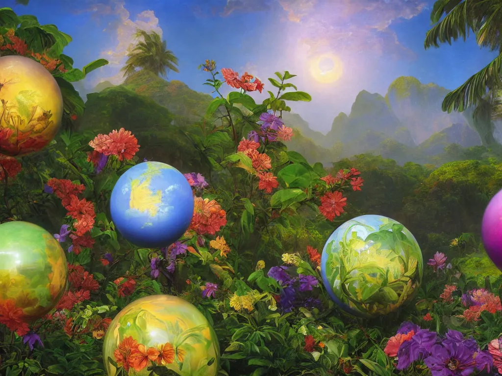 Prompt: kauai orbs of springtime, sunlight study, by jan davidsz de heem and ( ( ( ( ( lisa frank ) ) ) ) ) and frederic edwin church, art nouveau, oil - painting, 3 d render, 8 k, extreme detail, sharp focus, octane render