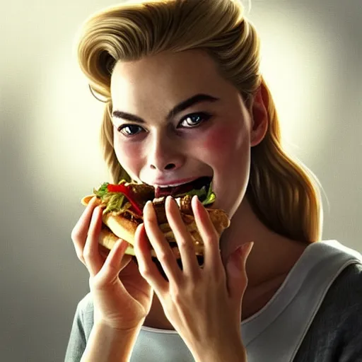 Prompt: portrait of a Margot Robbie eating a hamburger, extra onions and ketchup, luscious patty with sesame seeds, masculine, handsome, D&D, fantasy, intricate, elegant, highly detailed, digital painting, artstation, concept art, matte, sharp focus, illustration, art by Artgerm and Greg Rutkowski and Alphonse Mucha