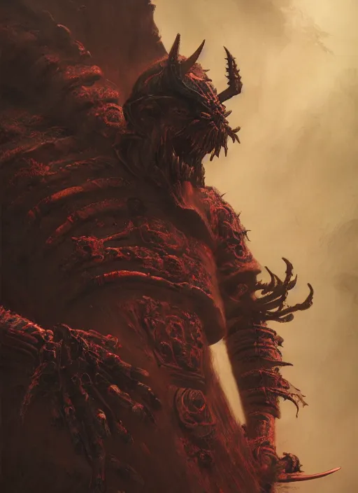 Image similar to Demon Samurai, in the style of Fenghua Zhong and Ruan Jia and Wayne Barlowe and Zdzislaw Beksinski and Giger, 8k, extremly detailed, stunning scene, raytracing, octane, trending on artstation