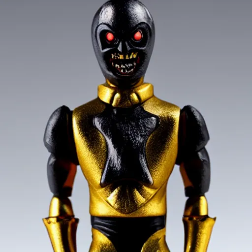 Prompt: Photo of an Evil moon-face action figure, japanese action figure, head looks like a moon, horror, gold and black color scheme