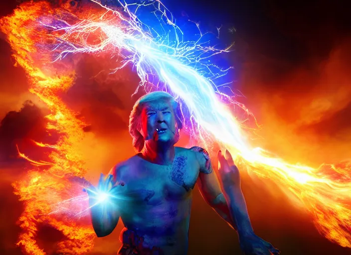 Prompt: burning donald trump as the avatar casting fireballs, colorful hd picure, lightning in the background