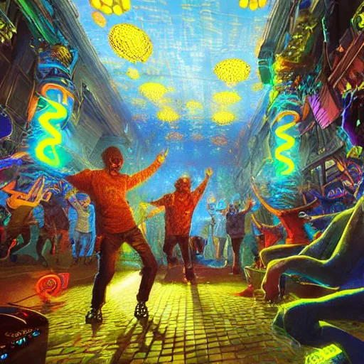 Image similar to rave dance party cryengine render by android jones, james christensen, rob gonsalves, and tim white