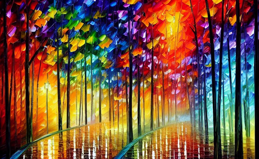 Image similar to psychedelic candy!!!!!!! forest in the rain by leoni afremov, oil painting!!!, intricate details!!!!, fine brush!!!!!!