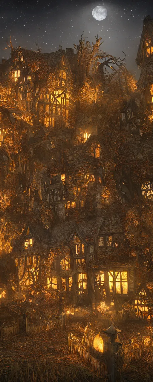 Image similar to a highly detailed old english tudor cottage in a scary pumpkin patch and graveyard, volumetric, fall colors, night, dead tree forest, pumpkins, moon, photorealistic, insanely detailed and intricate, epic scene, volumetric haze, hyper realistic, elegant, ornate, elite, horror, creepy, ominous, haunting, cinematic lighting, unreal engine, symmetrical, cinematic centered camera, high detail