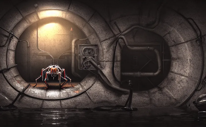 Prompt: mechanical spider in a large dimly lit sewer, ultra detailed digital art, fine drawing, hyper real, 4 k, moody lighting, warm colors