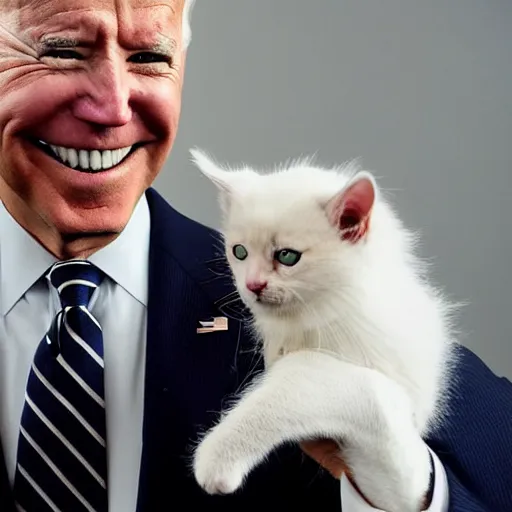 Image similar to a dramatic shot of joe biden holding a kitten