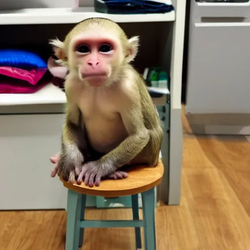 Prompt: little monkey sitting on a ikea stool