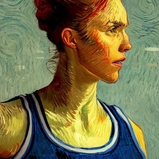 Image similar to painting of an woman basketball player, a van gogh style, greg rutkowski, cg worker artstation