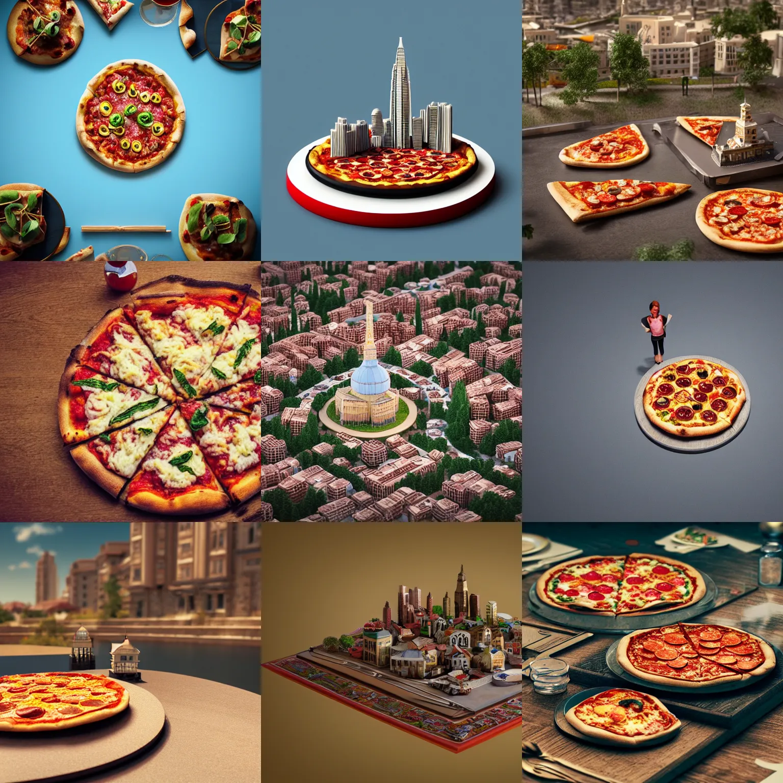 Image similar to A miniature city built on top of a pizza. There are lakes, gardens and buildings. The pizza is placed on an empty table. Food photography, 8k, trending on artstation, octane render, volumetric lighting