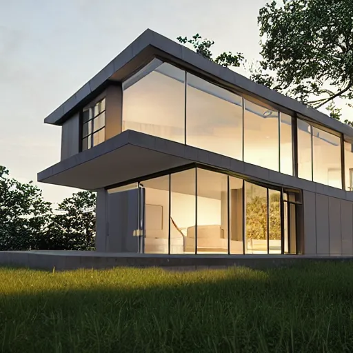 Prompt: a technological pre-fabricated hyper-modern house, realistic, photograph, unreal engine