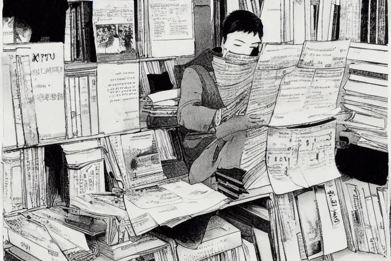 Prompt: a student reading all the human knowledge made to date with papers going towards the horizon, katsuhiro otomo