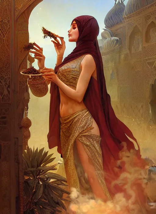 Prompt: a young arabian lady smoking herbs at a desert spice market, shiny, fantasy, intricate, elegant, hyper detailed, ultra definition, photoreal, artstation, unreal engine rendered, concept art, smooth, sharp focus, illustration, art by artgerm and greg rutkowski and alphonse mucha and garis edelweiss