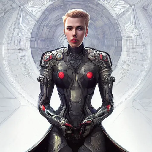 Image similar to scarlett johansson in ornate futuristic sci - fi armor, expressive pose, intricate, elegant, highly detailed, digital painting, artstation, concept art, smooth, sharp focus, illustration, art by artgerm and greg rutkowski and alphonse mucha