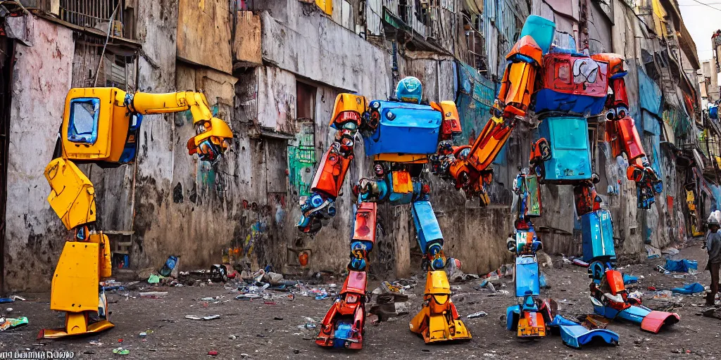 Image similar to colourful - damaged - giant mecha ROBOT of AJEGUNLE SLUMS of Lagos, markings on robot, Golden Hour,