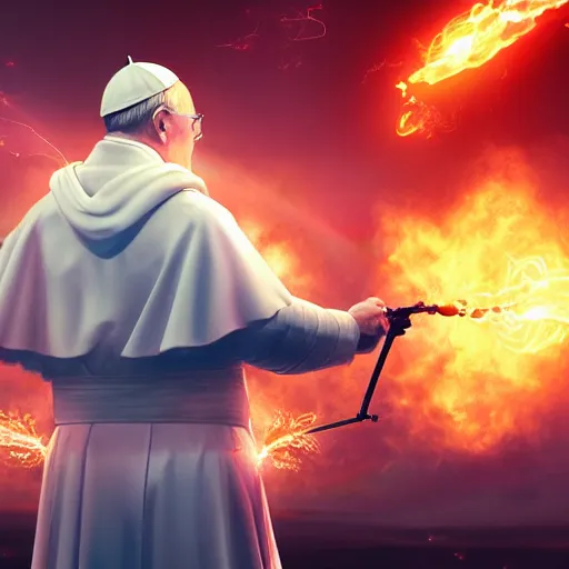 Prompt: Pope John Paul 2 rips fat bong during Arctic bloody sunset, eteric rainbow blazingly glowing fireballs flying around him in circles, high quality, digital painting, high detail, dynamic pose, octane render, hyper realism, cinematic