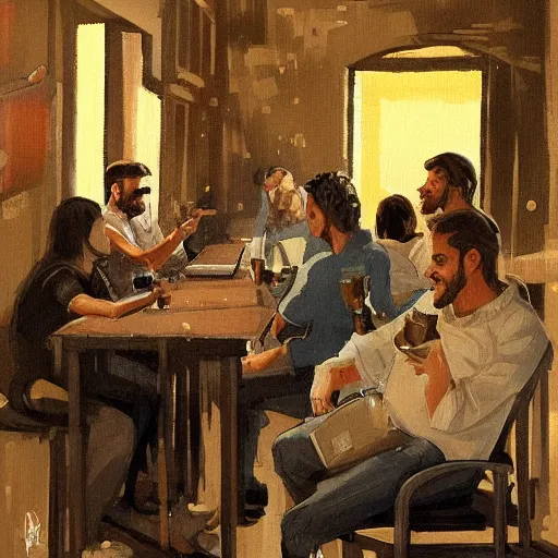 Image similar to 2 computer programmers drinking beer in lisbon by Greg Rutkowski