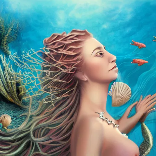 Prompt: detailed matte painting of a beautiful woman with long wavy hair entwined with ocean shells, corals, starfish, pearls, small crab, with the sea and islands in the background by maxine Gadd, 8k resolution, vivid,