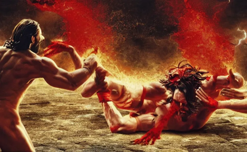 Image similar to hyperrealistic photo of Jesus Christ punching red-skinned Satan devil demon in the face on the floor of the Roman Coliseum, 8k cinematic, epic fight scene, directed by Michael Bay