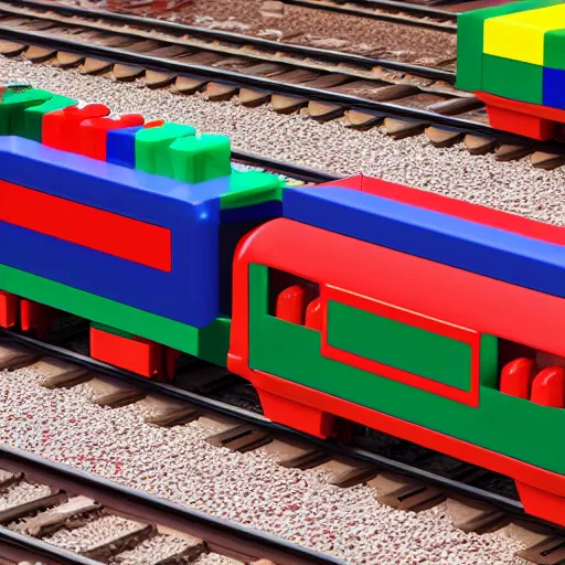 Image similar to a full scale duplo train in a modern train station, octane render, 4k,