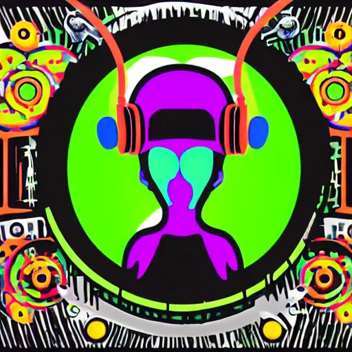 Image similar to svg sticker of a Pop-Wonder Alien-Bog-Monster-Swamp-Rat-Thunder-Coot-Racing-Fan at a rave, spinning records, giant headphones rocking out, wearing headphones, huge speakers, dancing, rave, DJ, spinning records, digital art, amazing composition, rule-of-thirds, award-winning, trending on artstation, featured on deviantart