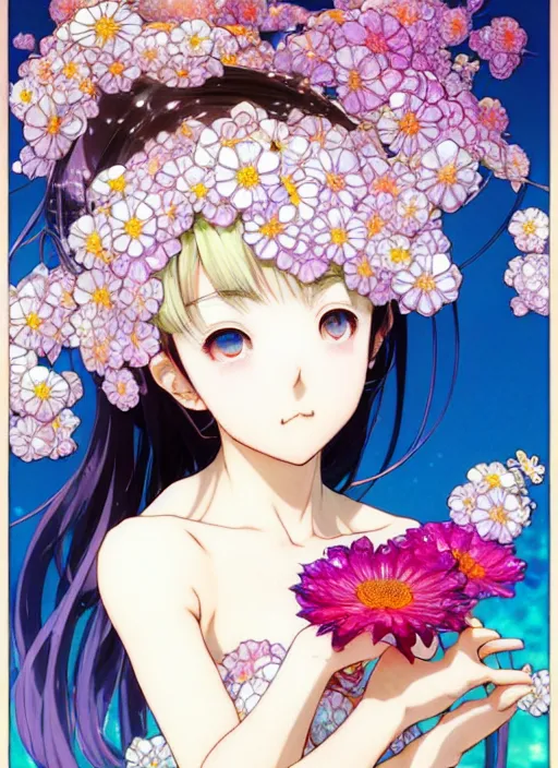 Image similar to exquisite imaginative manga poster art of vamprie girl, flowers, pearlescent, shimmering, reflective, rim light, clear face, detailed background, by kojima ayami, shigenori soejima, minaba hideo, alphonse mucha, dark fantasitic, illustration, artstation, pivix, concept art, highly detailed, colorful, maximalist